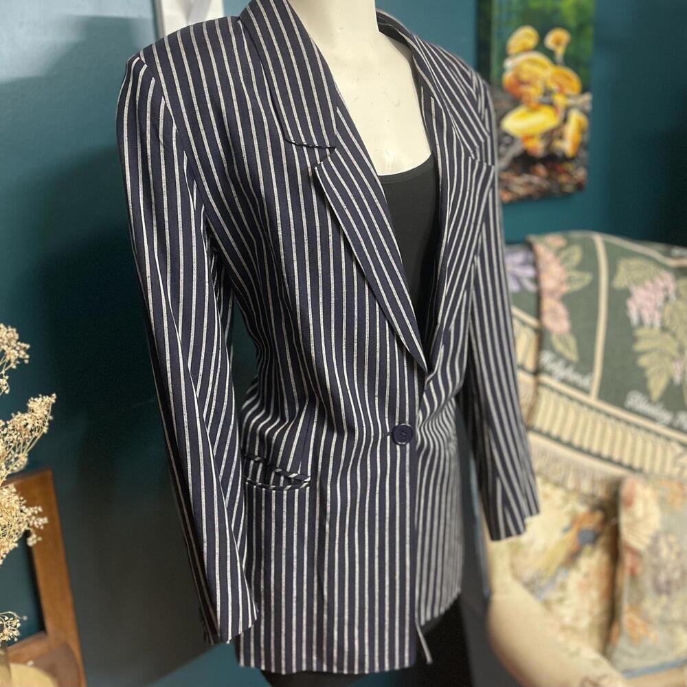 Vintage Jason Prescott Pinstriped Navy Single Breasted Blazer size M